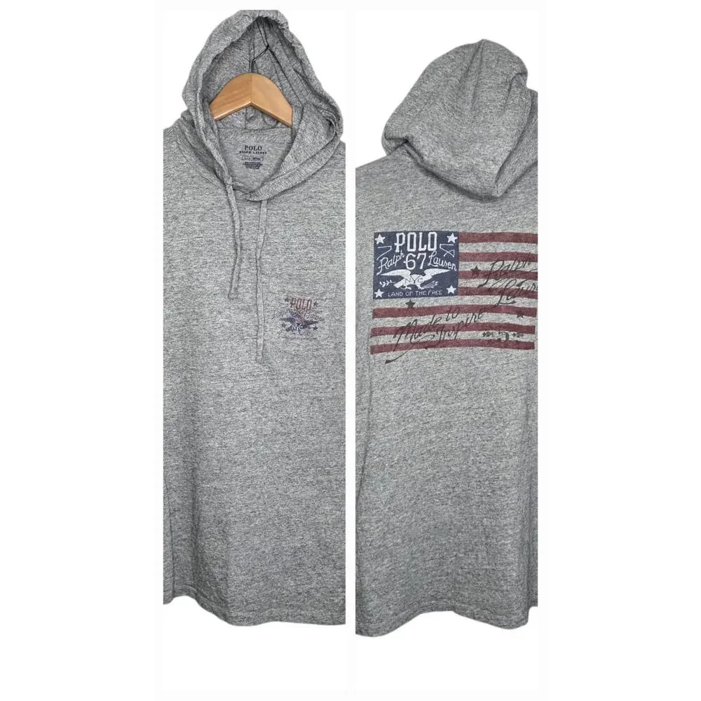 Ralph Lauren Mens Grey 1967 Polo Flag Cotton Hoodie Pullover Sweatshirt SZ L USA